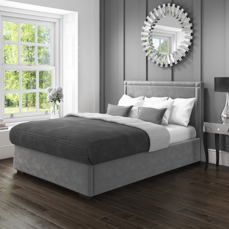Safina King Size Ottoman Bed with Stud Detailing in Grey Velvet