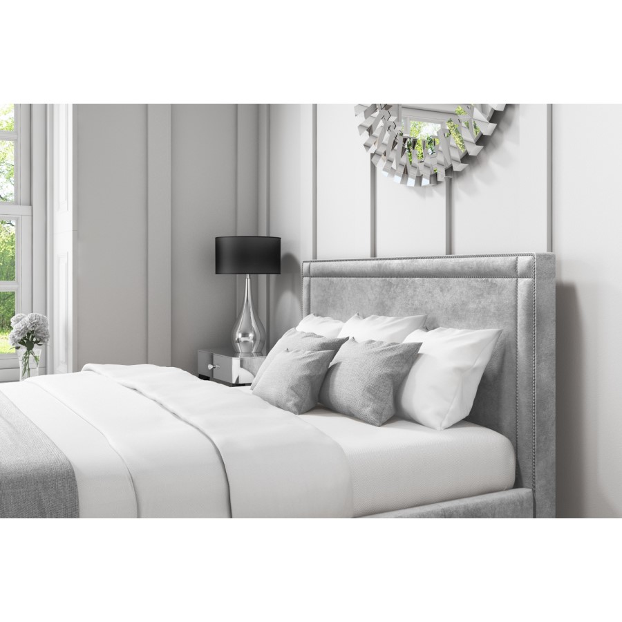 GRADE A1 - Safina King Size Ottoman Bed with Stud Detailing in Grey Velvet