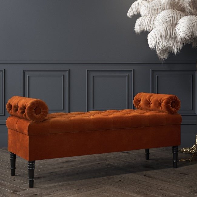 GRADE A2 - Safina Ottoman Storage Bench in Burnt Orange Velvet with Bolster Cushions