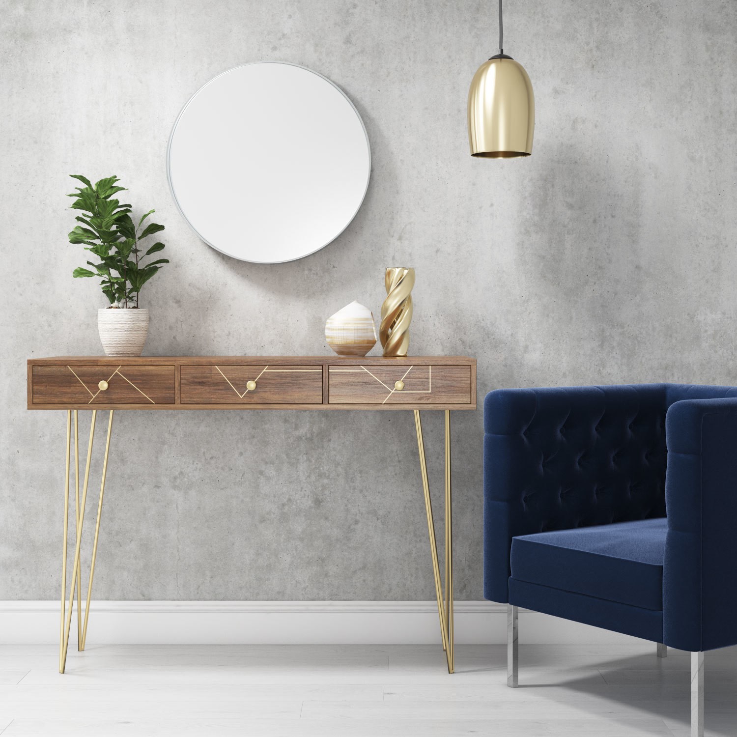 Gold Narrow Console Table In Solid Wood With Brass Inlay Tahlia