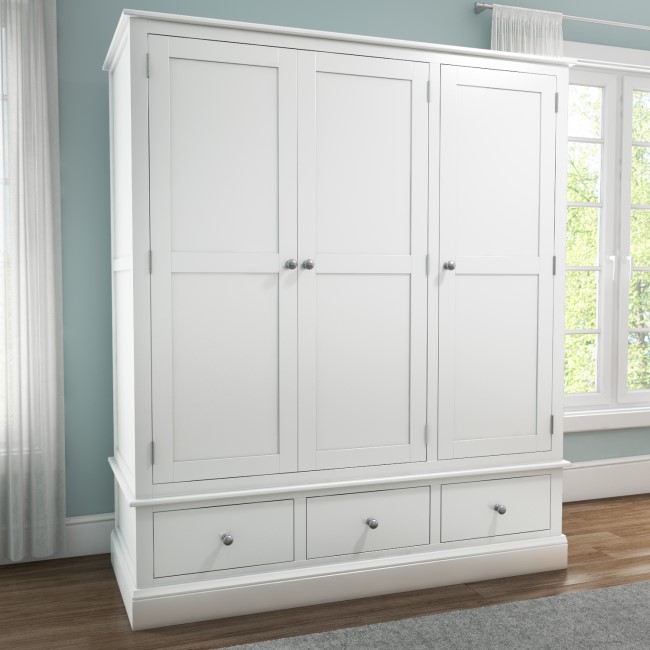 GRADE A2 - Harper White Solid Wood 3 Door 3 Drawer Wardrobe