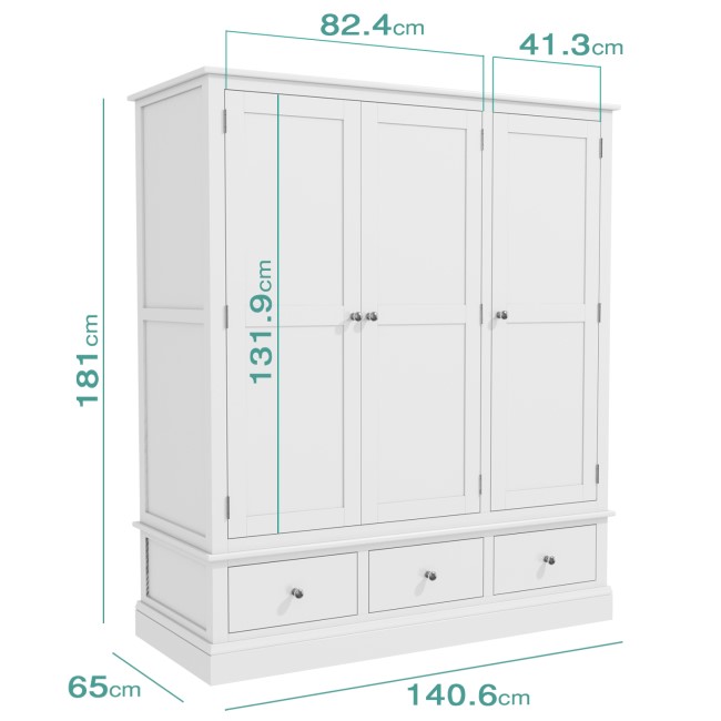 Harper White Solid Wood 3 Door 3 Drawer Wardrobe