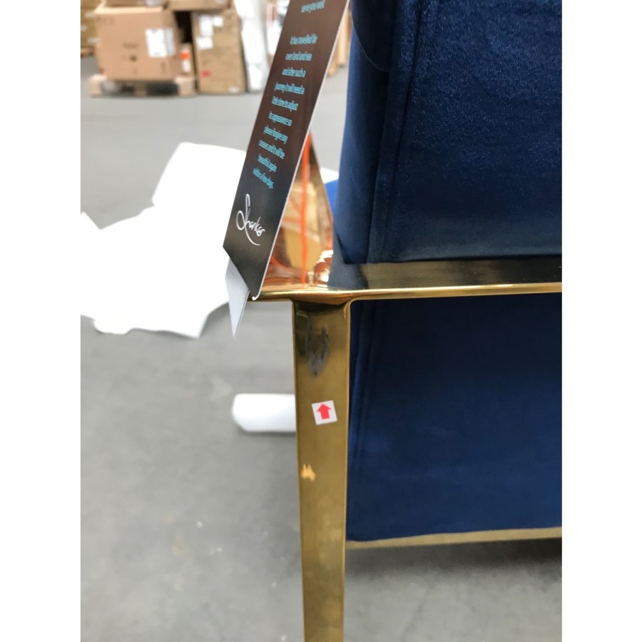 GRADE A2 - Blue Armchair with Square Back Button Finish & Gold Frame 