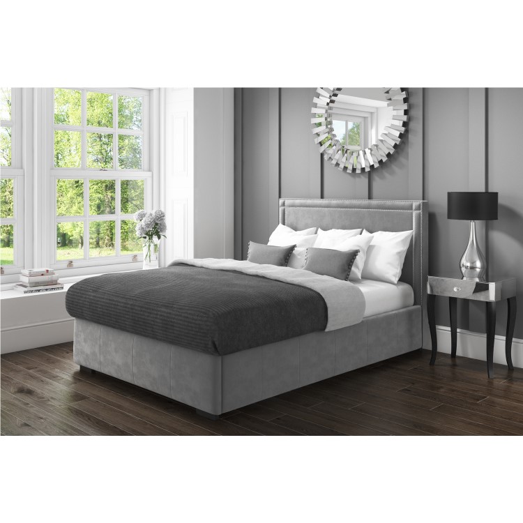 Safina Double Ottoman Bed with Stud Detailing in Grey Velvet