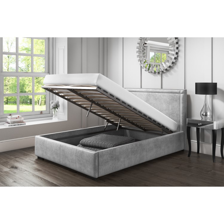 Safina Double Ottoman Bed with Stud Detailing in Grey Velvet