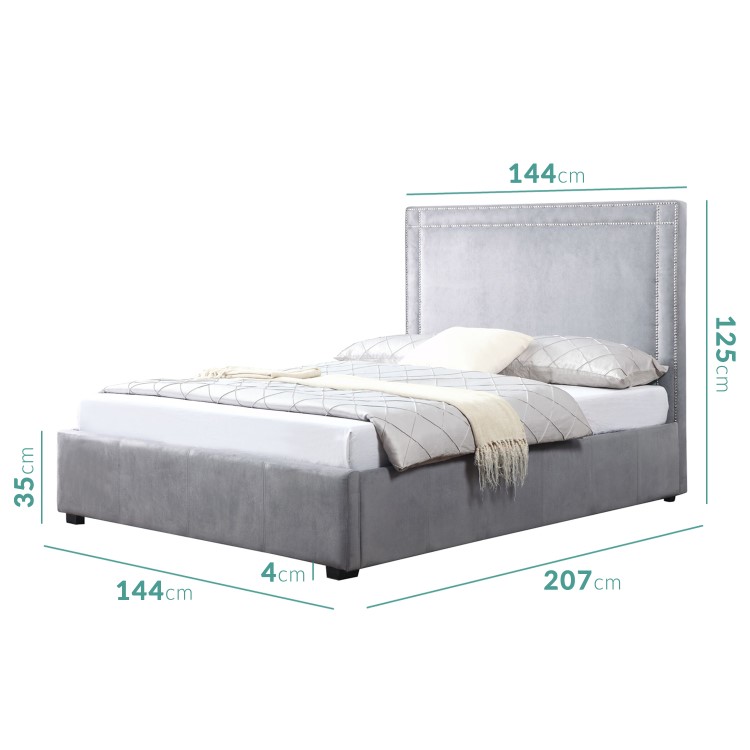 Safina Double Ottoman Bed with Stud Detailing in Grey Velvet