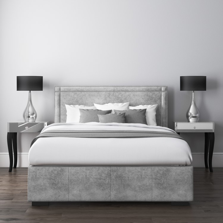 Safina Double Ottoman Bed with Stud Detailing in Grey Velvet