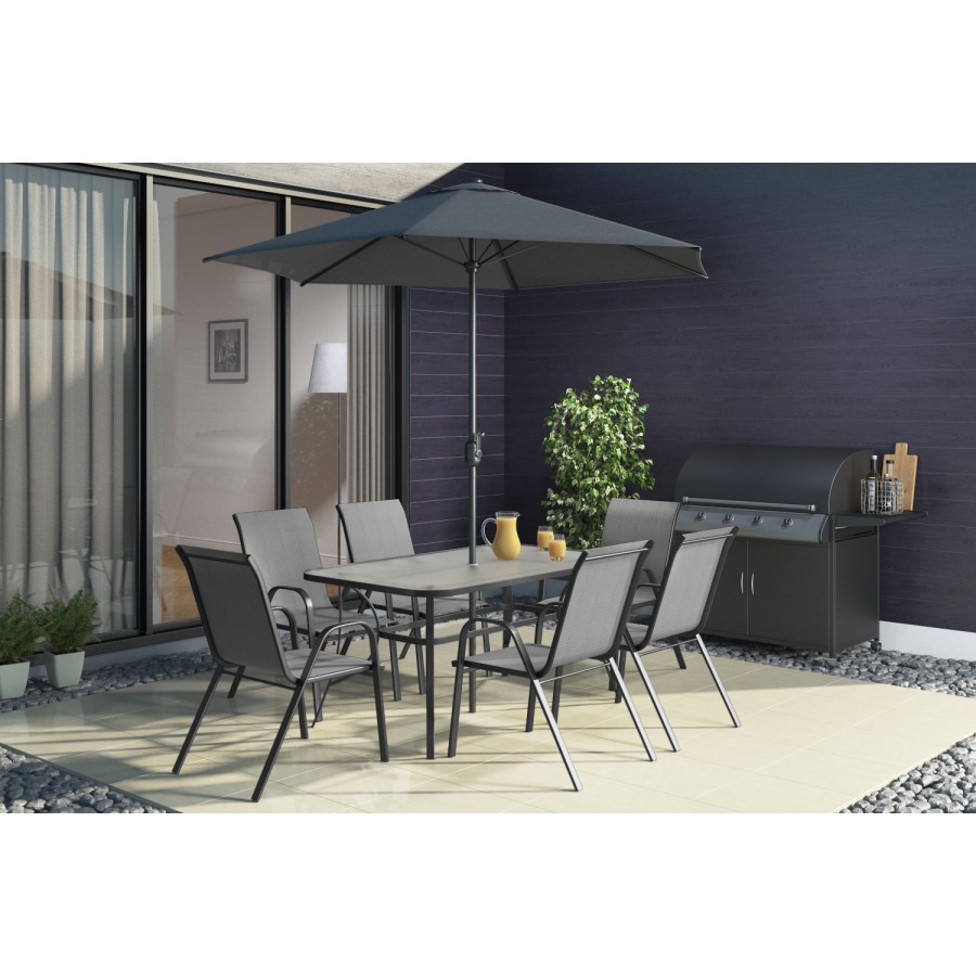 GRADE A1 - Black and Grey Metal 6 Seater Garden Furniture Set - Parasol Included 