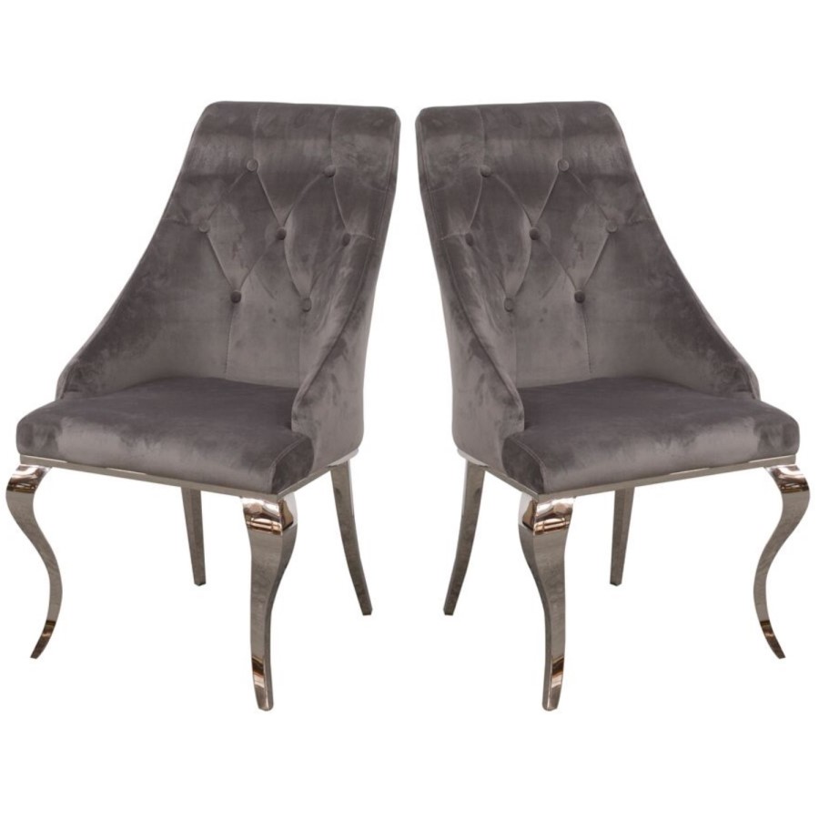 GRADE A1 - Vida Living Cassia Grey Velvet Pair of Dining Chairs with Polished Legs