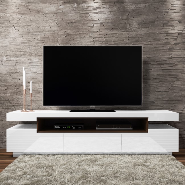 Large White High Gloss TV Unit with Walnut Effect Soundbar Shelf - Harlow - TV's up to 56"