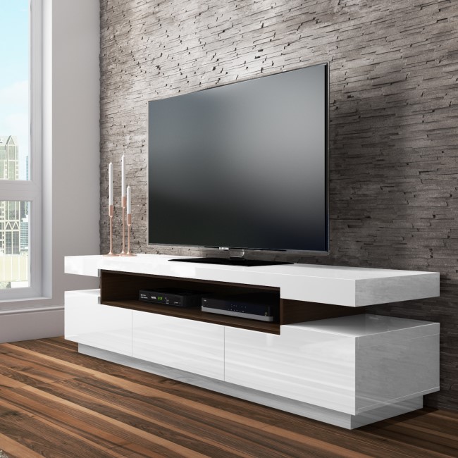 Large White High Gloss TV Unit with Walnut Effect Soundbar Shelf - Harlow - TV's up to 56"