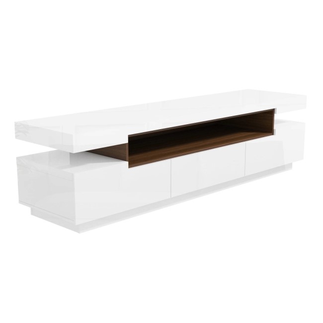 Large White High Gloss TV Unit with Walnut Effect Soundbar Shelf - Harlow - TV's up to 56"