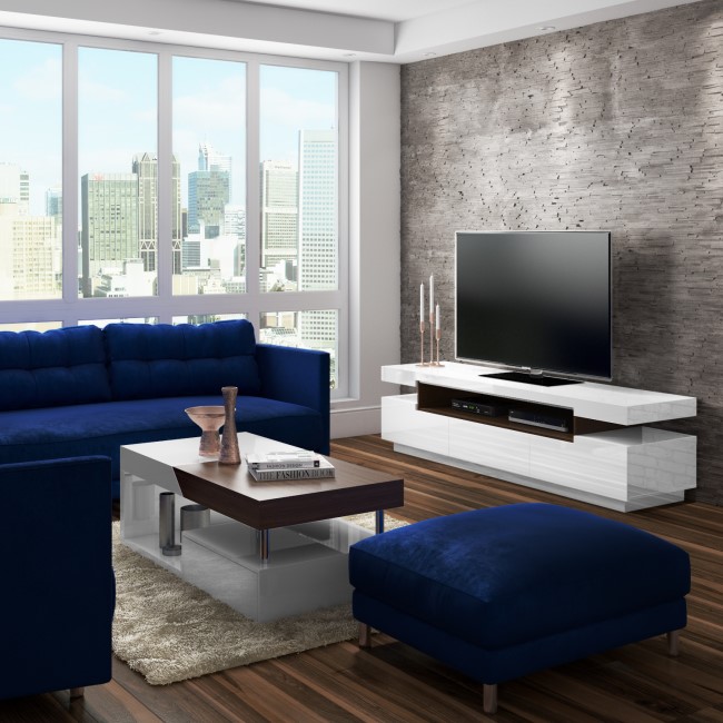 Large White High Gloss TV Unit with Walnut Effect Soundbar Shelf - Harlow - TV's up to 56"