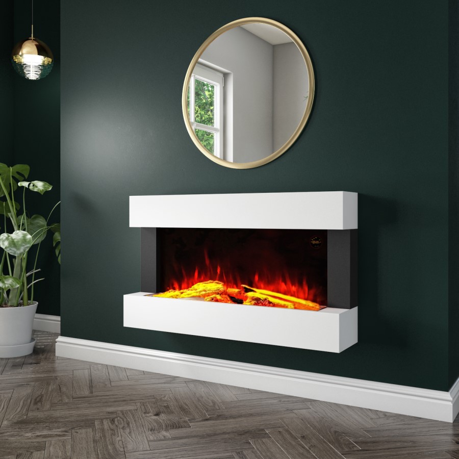 GRADE A2 - AmberGlo White Wall Mounted Electric Fireplace Suite with Logs & Crystal Fuel Beds