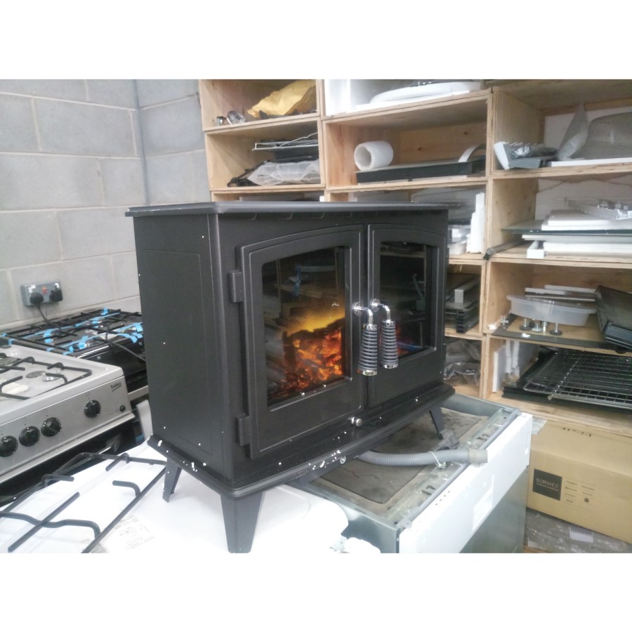 GRADE A2 - Adam Woodhouse Black Electric Fireplace Heater Stove with Double Doors & Log Effect Fuel Bed