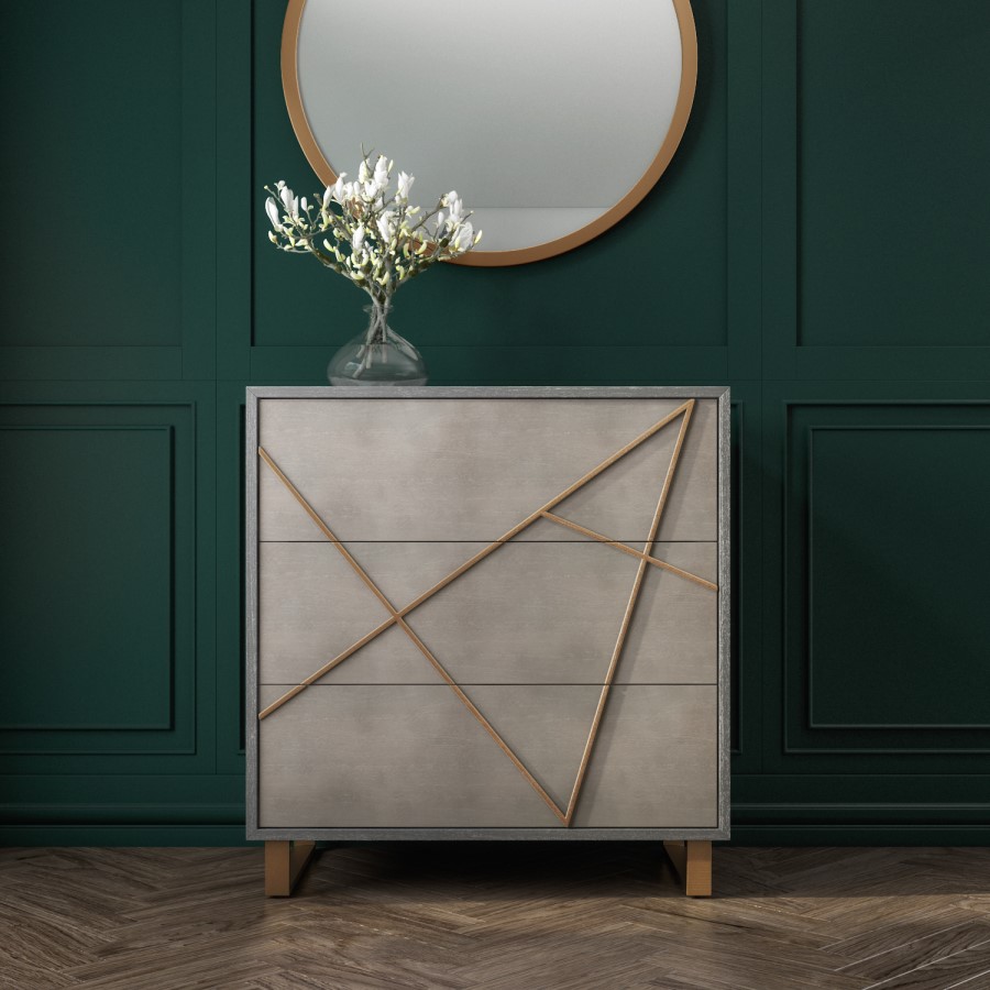 GRADE A1 - Anastasia 3 Drawer Chest of Drawers in Taupe with Brass Painted Wooden Trim
