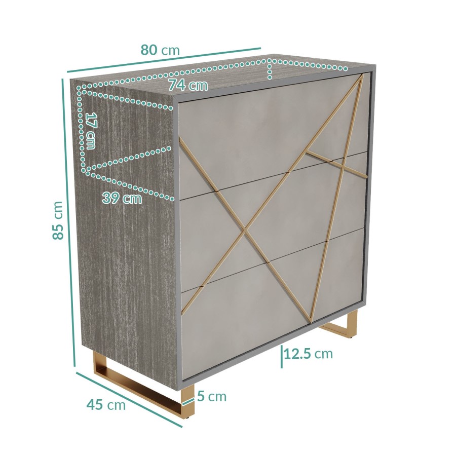 GRADE A1 - Anastasia 3 Drawer Chest of Drawers in Taupe with Brass Painted Wooden Trim