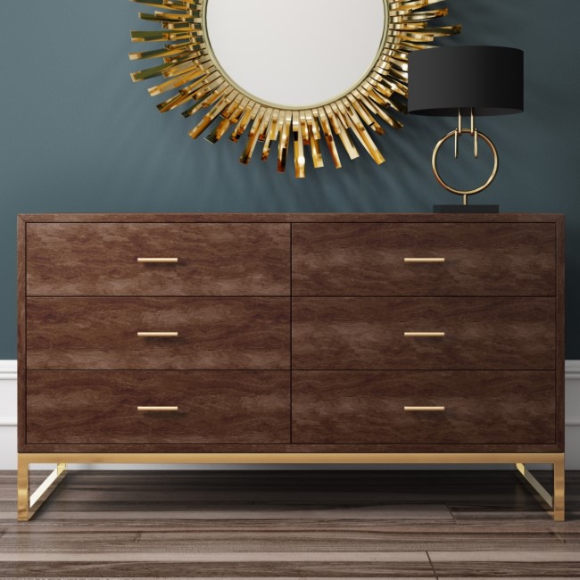 GRADE A2 - Aubrey Walnut 6 Drawer Wide Chest of Drawers with Gold Legs