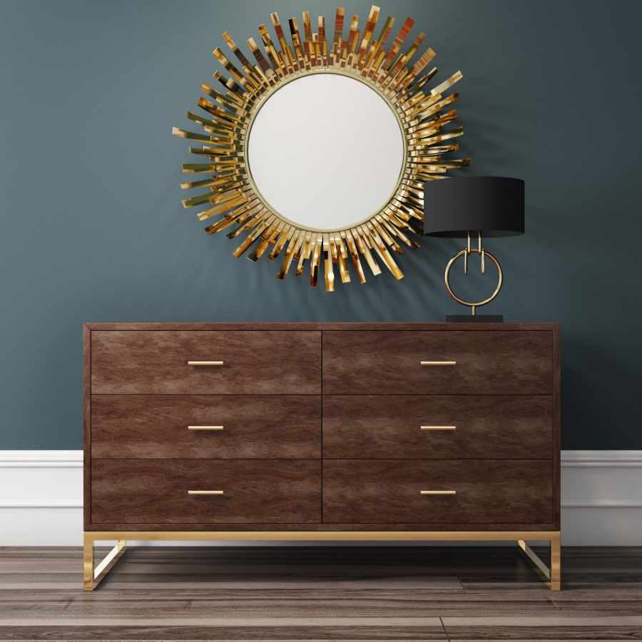 GRADE A2 - Aubrey Walnut 6 Drawer Wide Chest of Drawers with Gold Legs