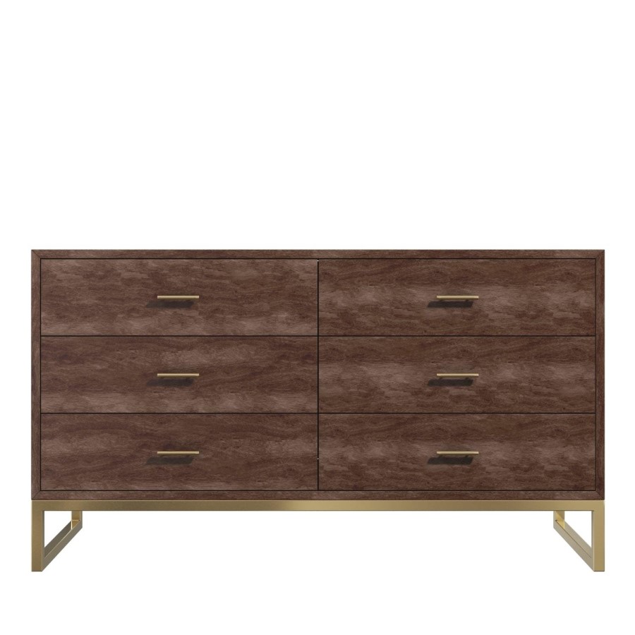GRADE A2 - Aubrey Walnut 6 Drawer Wide Chest of Drawers with Gold Legs