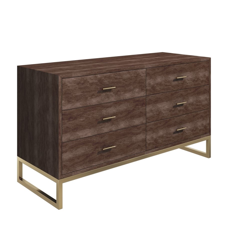 GRADE A2 - Aubrey Walnut 6 Drawer Wide Chest of Drawers with Gold Legs