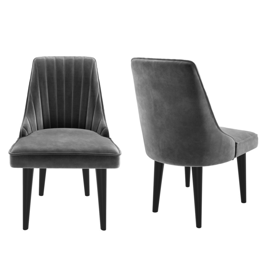 GRADE A2 - Pair of Grey Velvet Ribbed Dining Chairs with Black Legs - Penelope