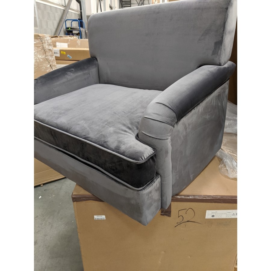 GRADE A2 - Large Dark Grey Velvet Armchair - Mid Century - Eden