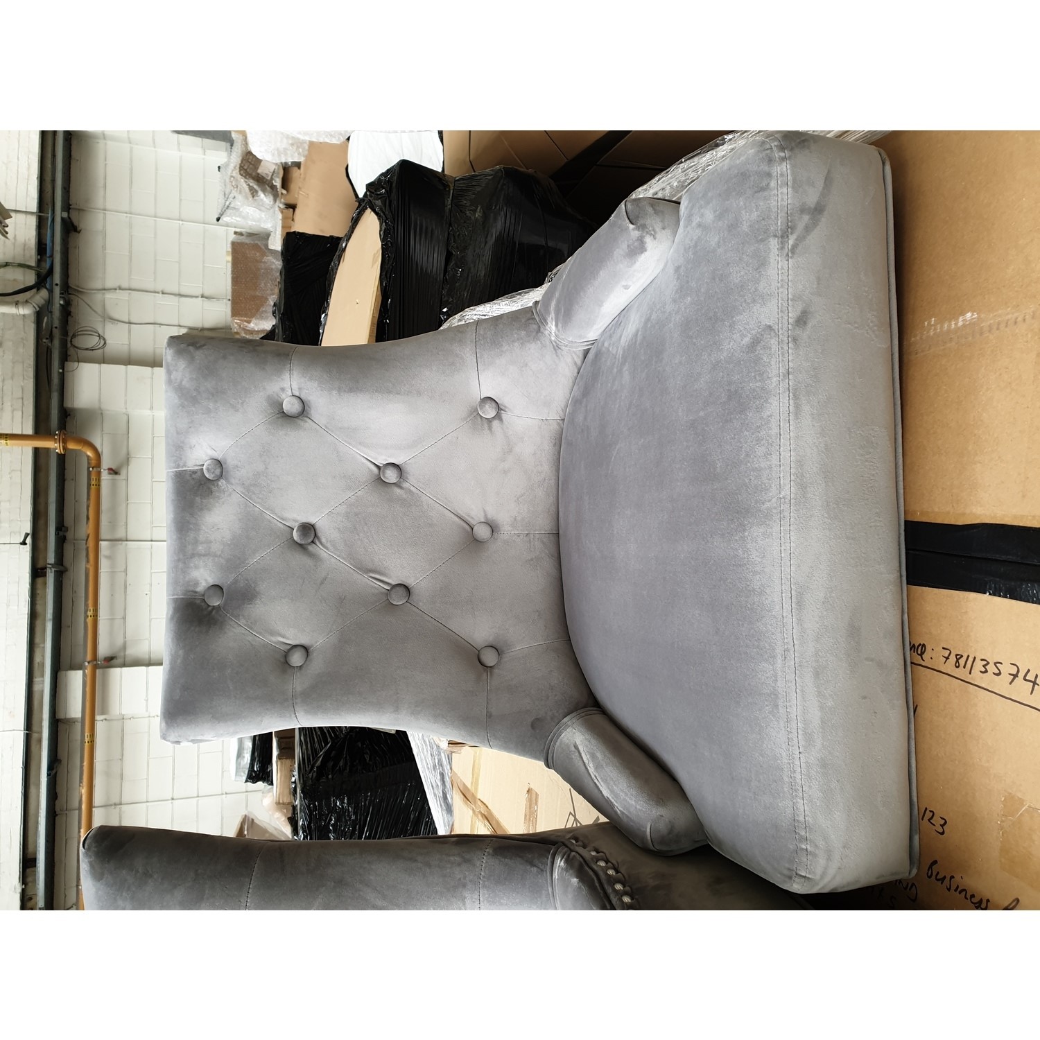 GRADE A2 Pair of Grey Knocker Chairs in Velvet with Chrome Legs & Studs Jade Boutique