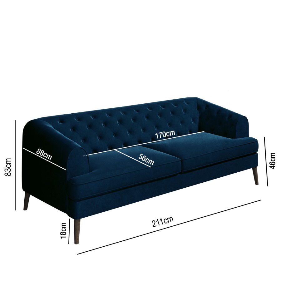 Chesterfield Sofa in Navy Blue Velvet - 3 Seater - Inez