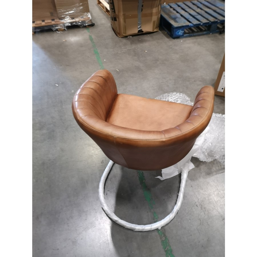 GRADE A2 - Vintage Brown Leather & Iron Curved Back Chair