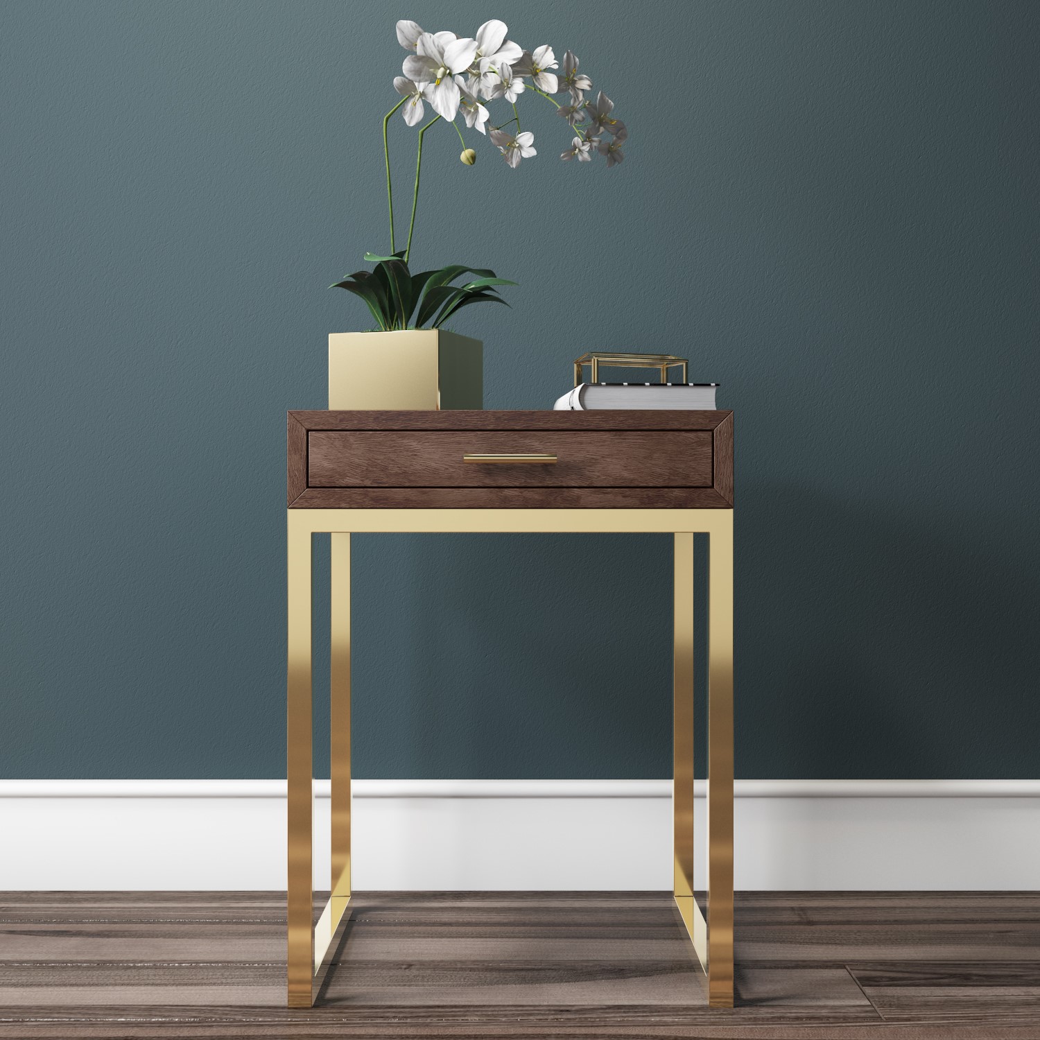 gold and wood bedside table