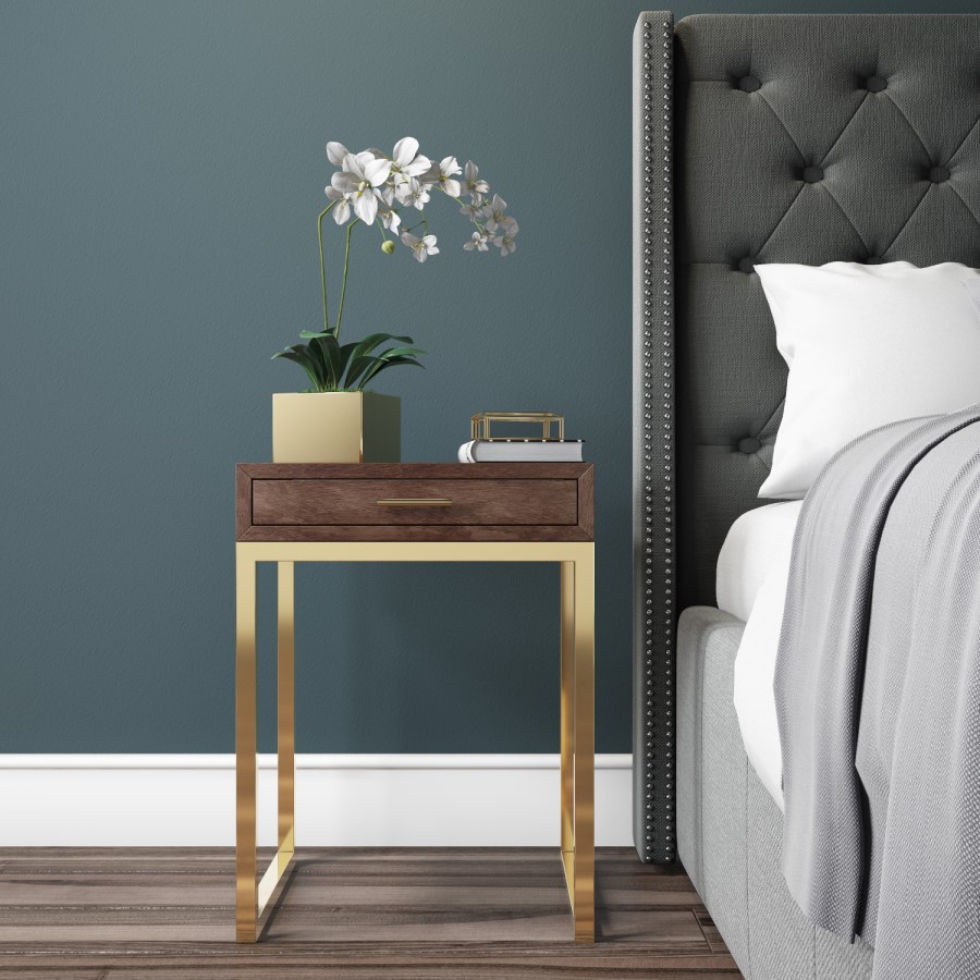 Aubrey Walnut 1 Drawer Bedside Table with Gold Trim Legs