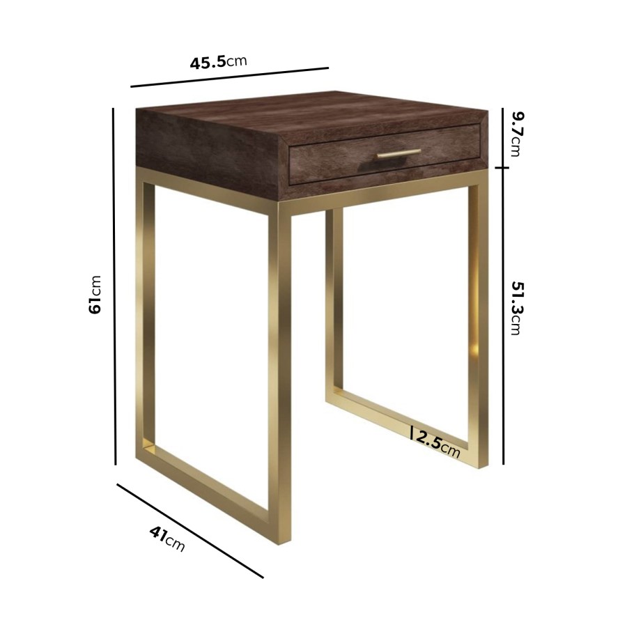 Aubrey Walnut 1 Drawer Bedside Table with Gold Trim Legs
