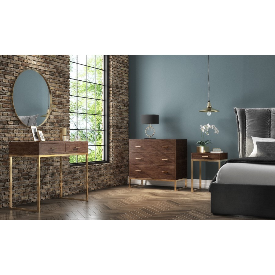 Aubrey Walnut 1 Drawer Bedside Table with Gold Trim Legs