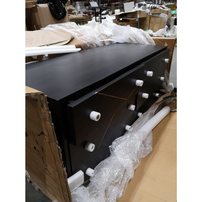 GRADE A2 - Mika Wide Dark Brown Chest of Drawers with Brass Inlay - 6 Drawers