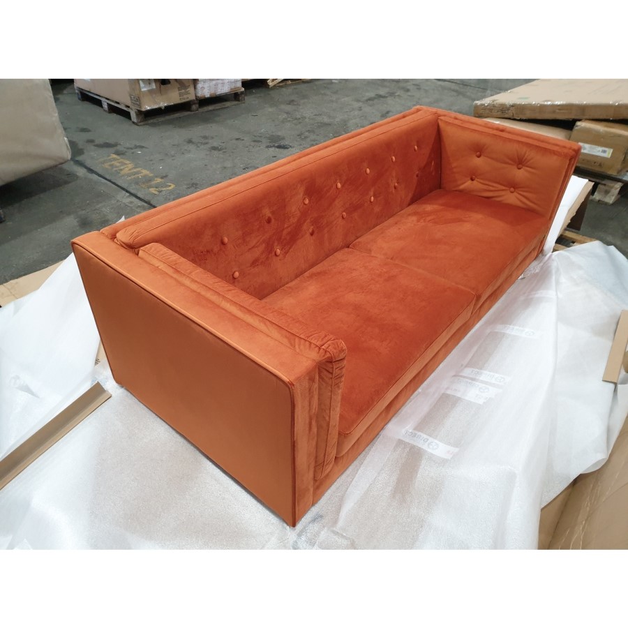 GRADE A2 - Orange Velvet Sofa with Squared Arms & Button Back - Seats 3 - Bailey