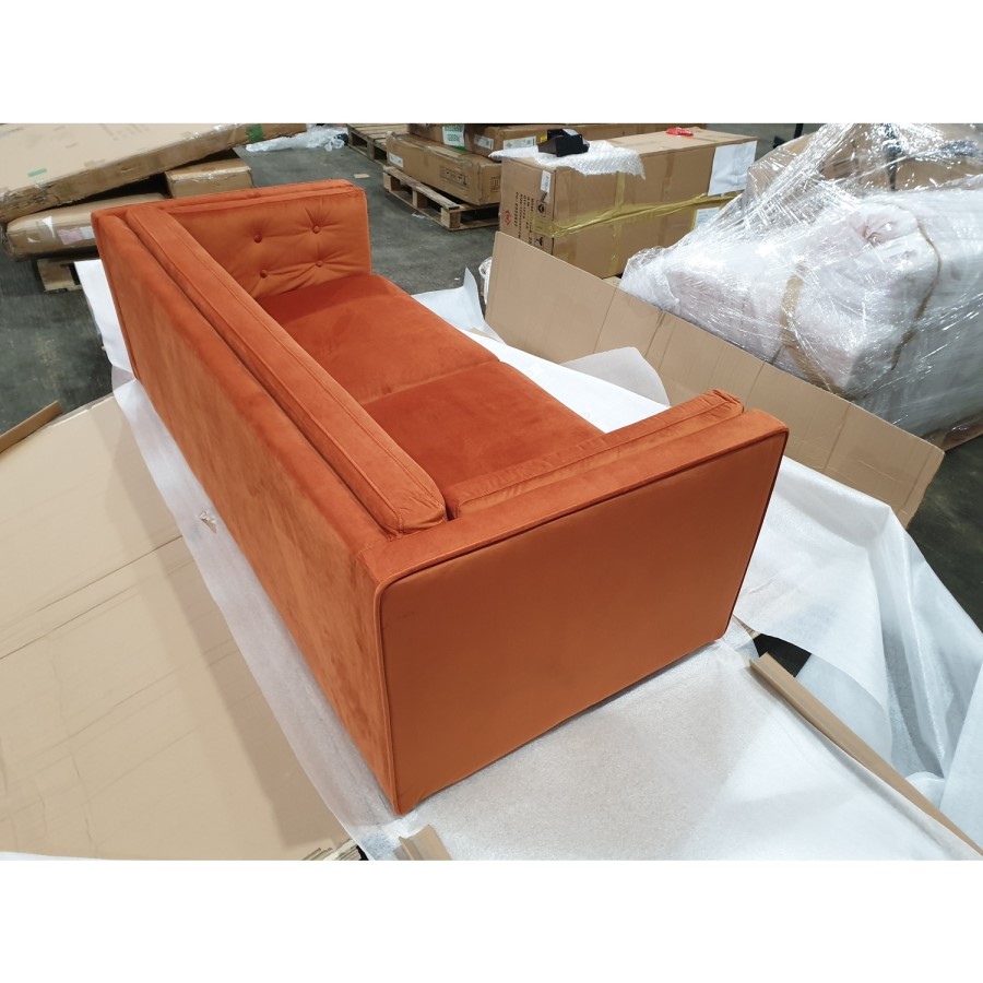 GRADE A2 - Orange Velvet Sofa with Squared Arms & Button Back - Seats 3 - Bailey