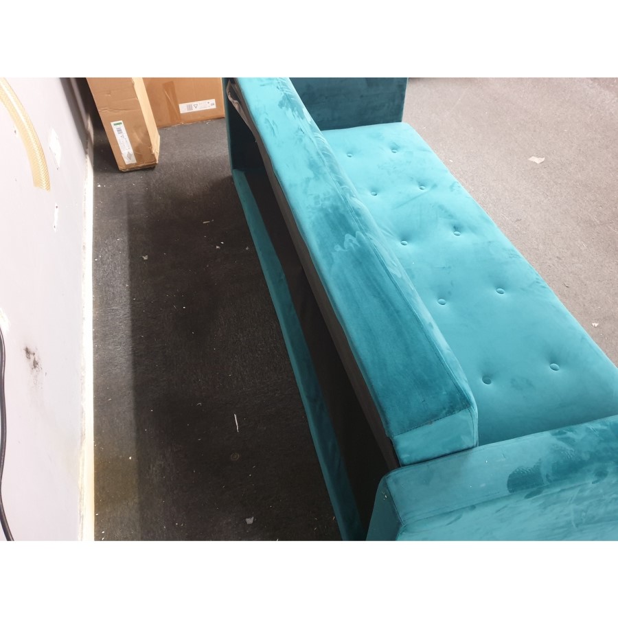 GRADE A2 - Teal Blue Velvet Sofa Bed with Cushions - Seats 3 - Rory