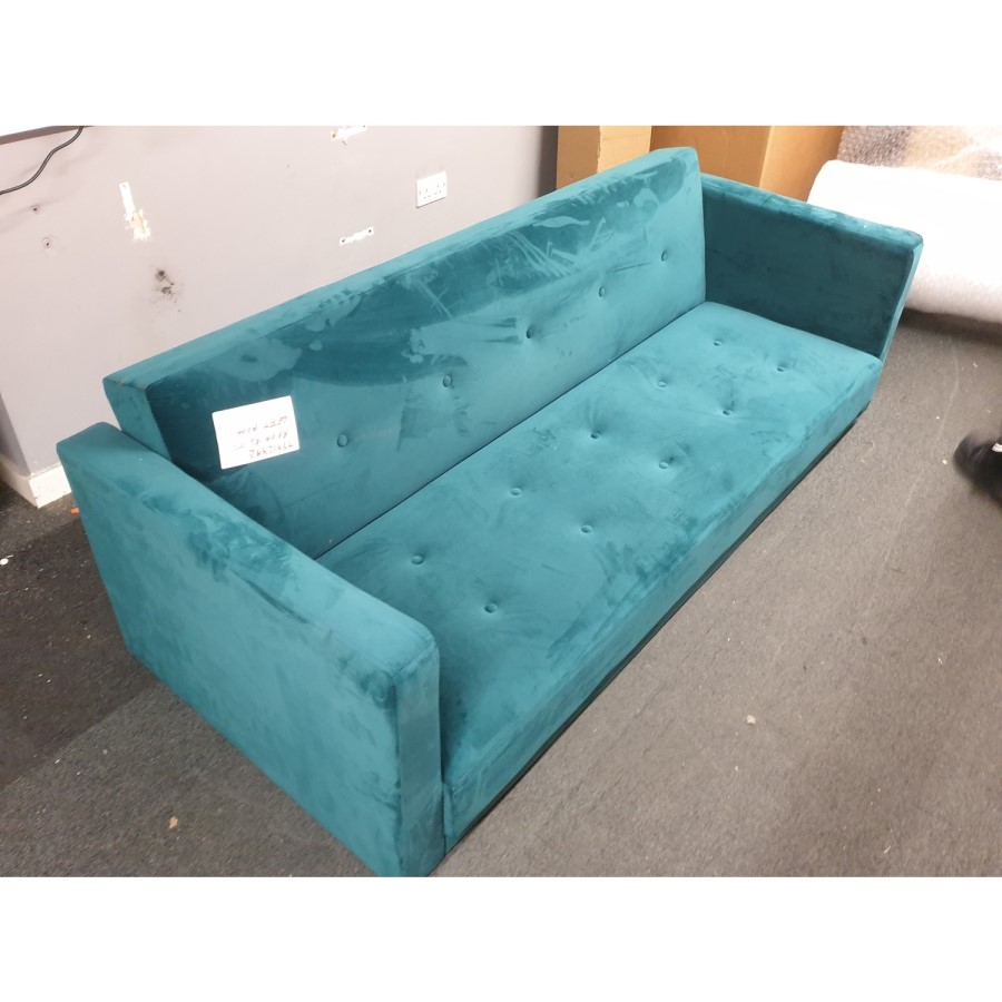 GRADE A2 - Teal Blue Velvet Sofa Bed with Cushions - Seats 3 - Rory