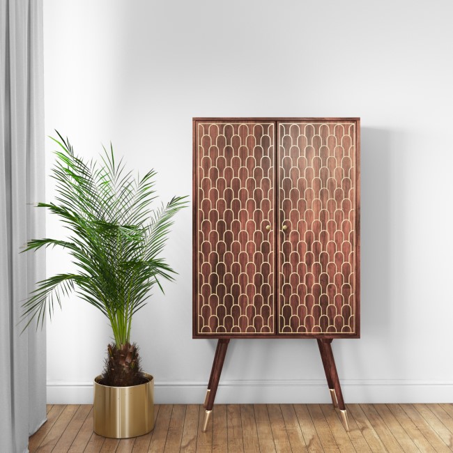 GRADE A1 - Large Drinks Cabinet in Dark Wood with Gold Inlay - Dejan