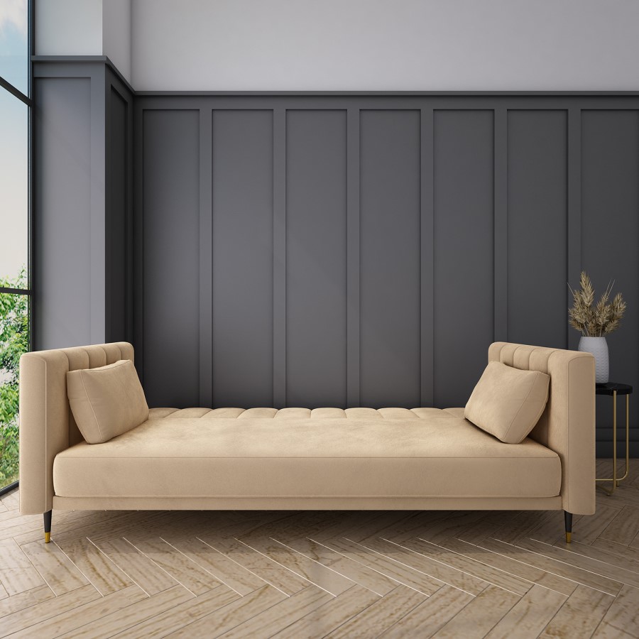 GRADE A2 - Beige Velvet 3 Seater Sofa Bed with Cushions - Sleeps 2 - Mabel