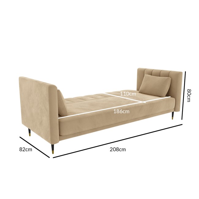 Beige Velvet 3 Seater Sofa Bed with Cushions - Sleeps 2 - Mabel