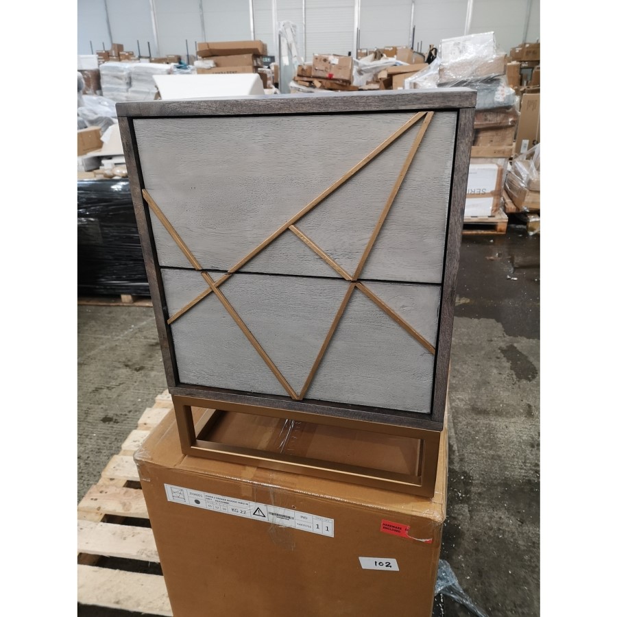 GRADE A2 - Zhara 2 Drawer Bedside Table in Grey with Gold Painted Wooden Trim