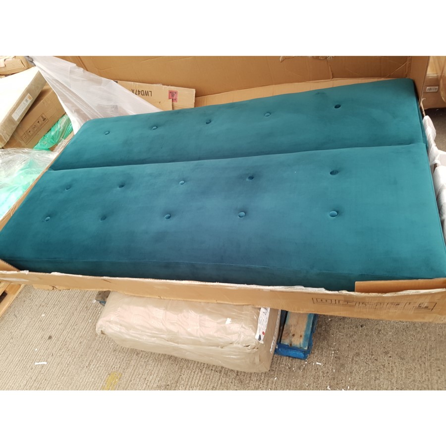 GRADE A2 - Velvet Sofa Bed in Teal Blue with Buttons - Seats 3 - Rory