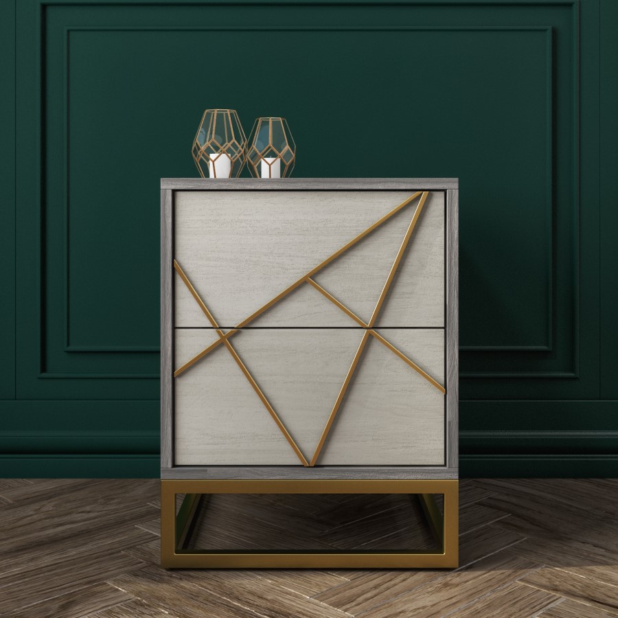 GRADE A2 - Zhara 2 Drawer Bedside Table in Grey with Gold Painted Wooden Trim