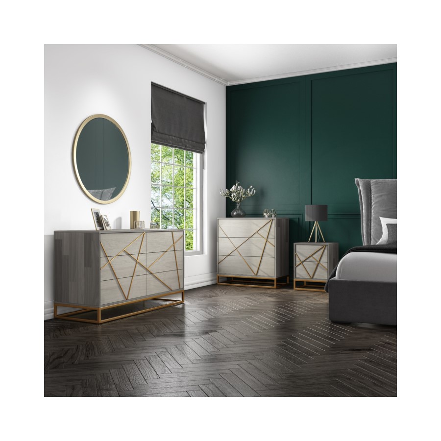 GRADE A2 - Zhara 2 Drawer Bedside Table in Grey with Gold Painted Wooden Trim