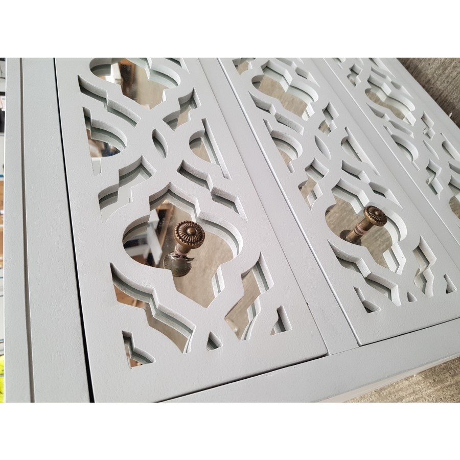 GRADE A2 - Alexis Mirrored 2 Drawer Bedside Table in Pale Grey with Carved Detail