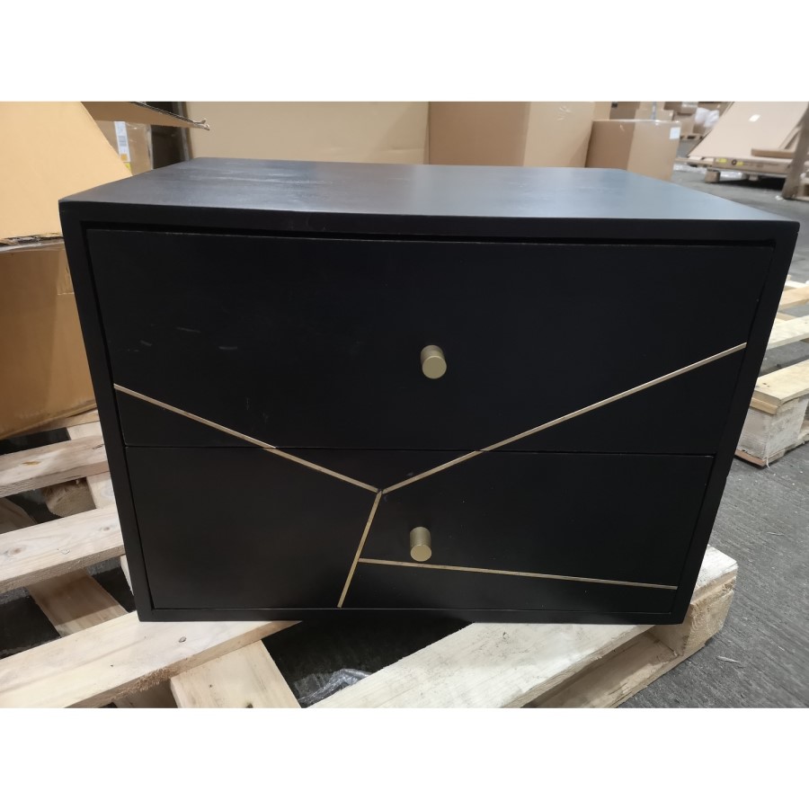 GRADE A2 - Mika 2 Drawer Dark Brown Bedside Table with Brass Inlay