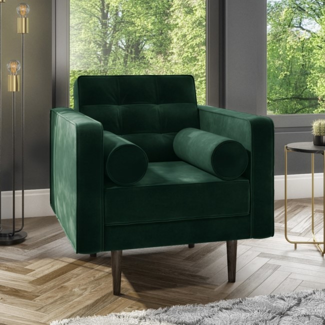 GRADE A1 - Buttoned Green Velvet Armchair with Bolster Cushions - Elba