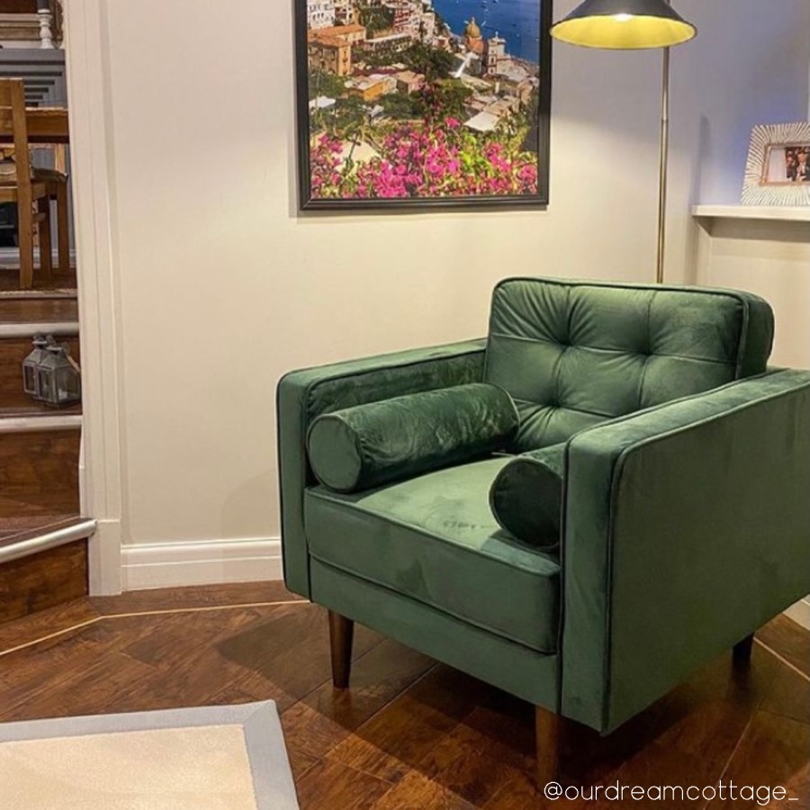 GRADE A2 - Mid Century Quilted Green Velvet Armchair with Button Detail - Elba
